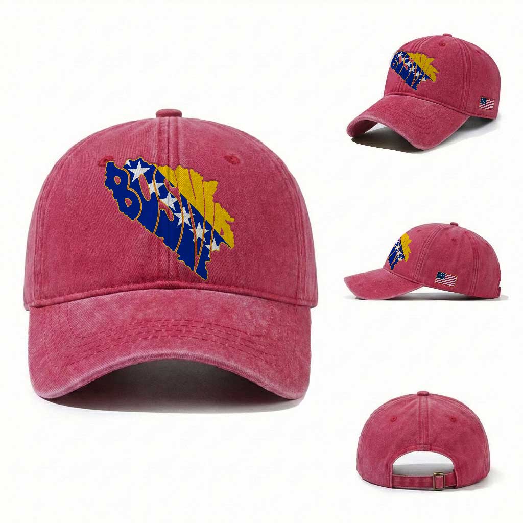 Bosnia And Herzegovina Word Art Map Washed Cotton Baseball Cap Bosnian Pride Gift