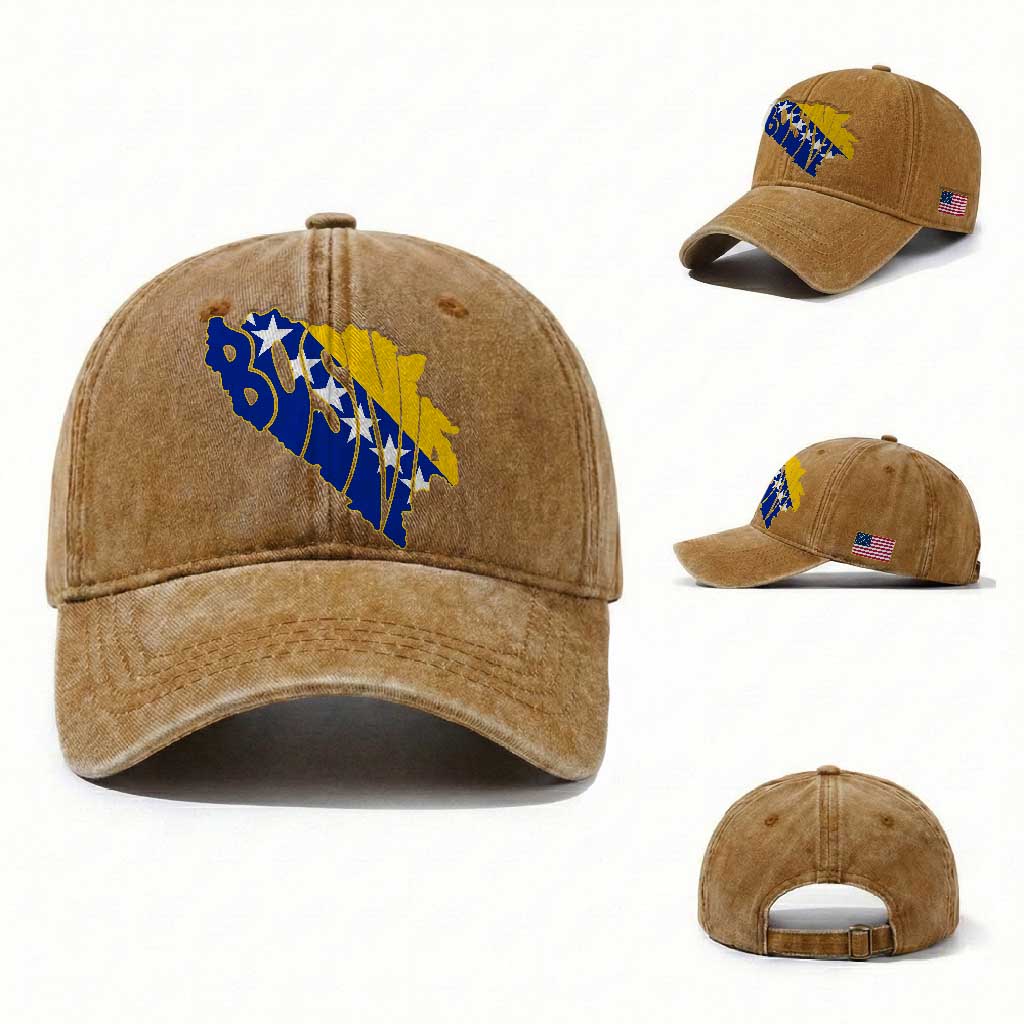 Bosnia And Herzegovina Word Art Map Washed Cotton Baseball Cap Bosnian Pride Gift