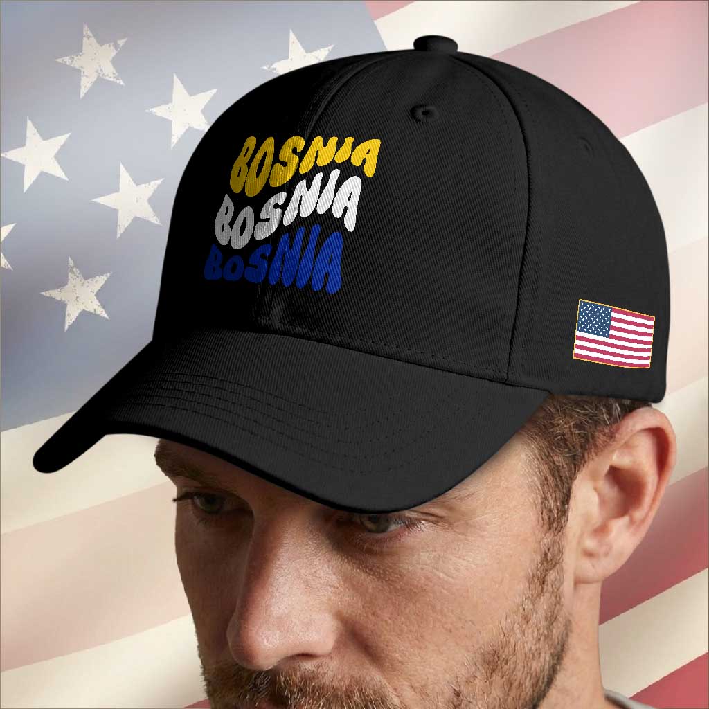 Groovy Retro Bosnia Baseball Cap Proud Bosnian Balkan Heritage Gift