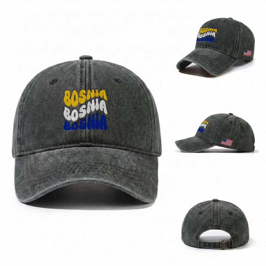 Groovy Retro Bosnia Washed Cotton Baseball Cap Proud Bosnian Balkan Heritage Gift
