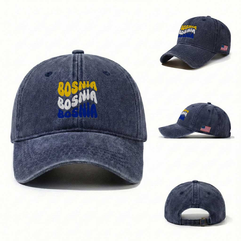 Groovy Retro Bosnia Washed Cotton Baseball Cap Proud Bosnian Balkan Heritage Gift