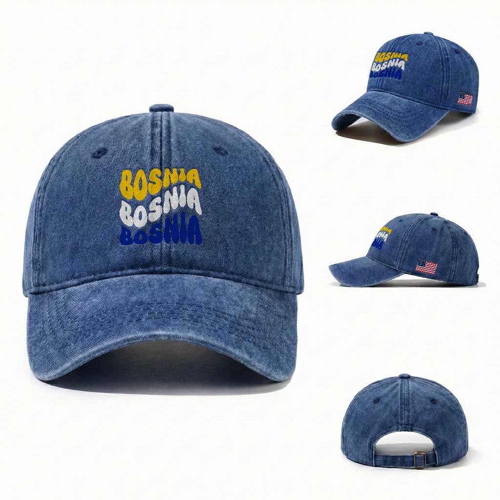 Groovy Retro Bosnia Washed Cotton Baseball Cap Proud Bosnian Balkan Heritage Gift