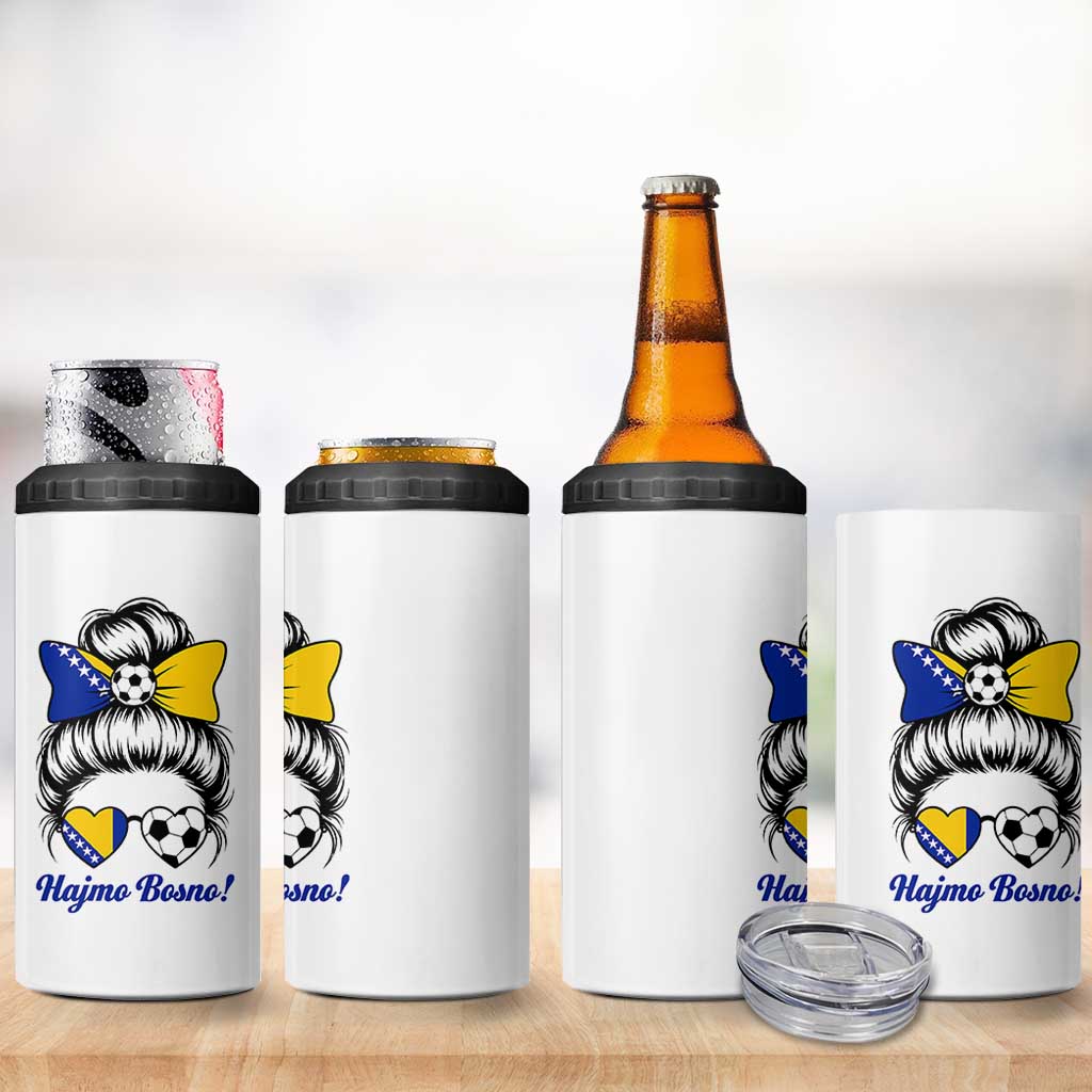 Bosnia Soccer Messy Bun 4 in 1 Can Cooler Tumbler Hajmo Bosno Game Day Gift