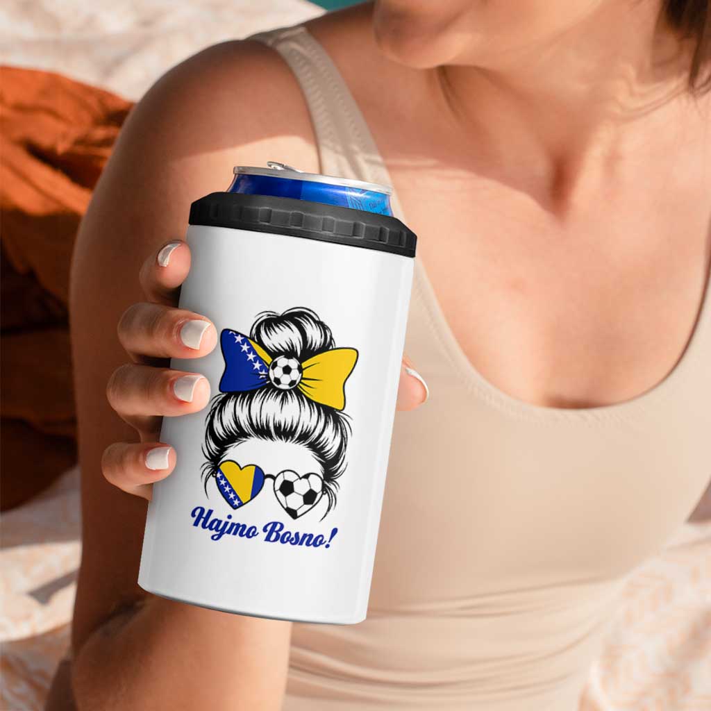 Bosnia Soccer Messy Bun 4 in 1 Can Cooler Tumbler Hajmo Bosno Game Day Gift