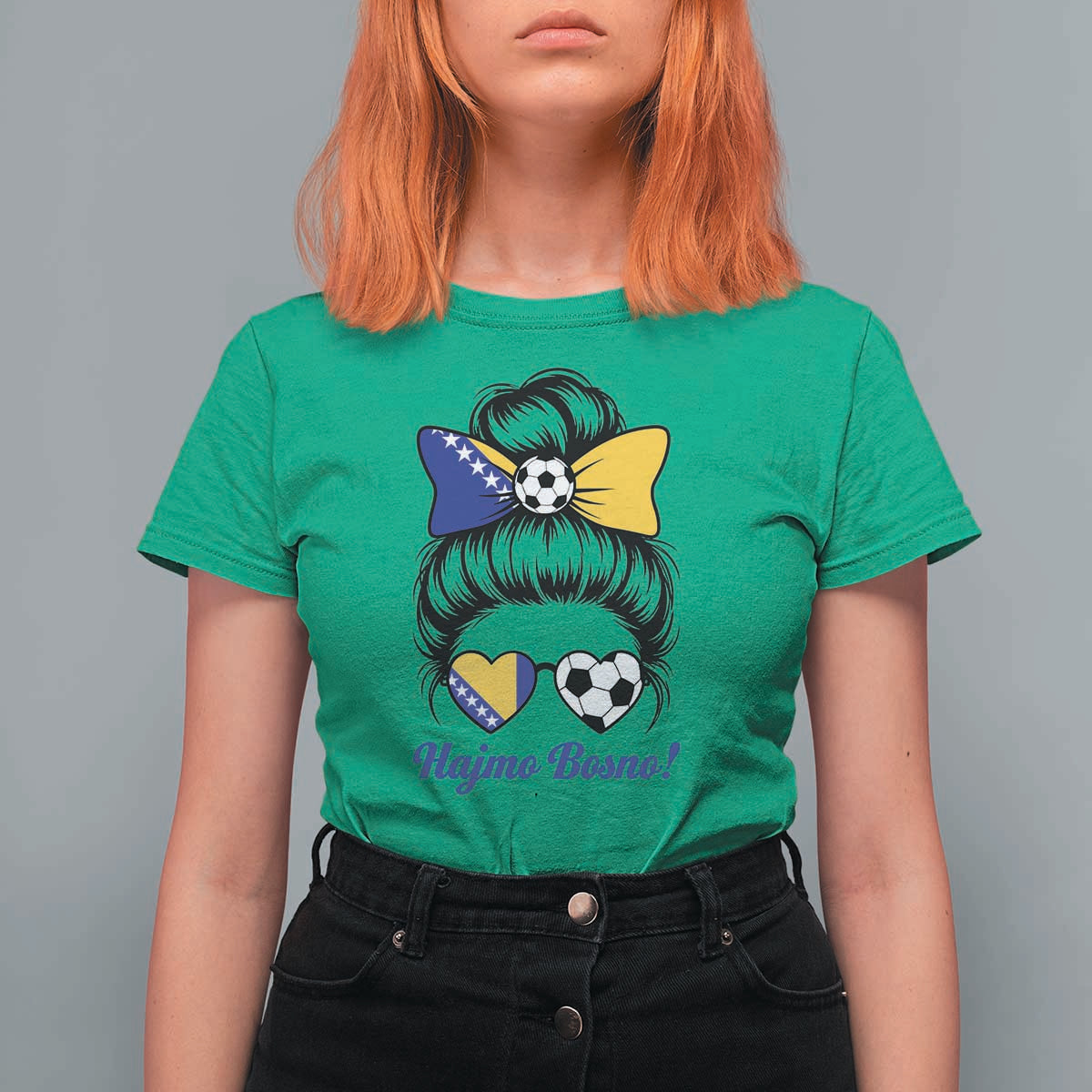 Bosnia Soccer Messy Bun T Shirt For Women Hajmo Bosno Game Day Gift