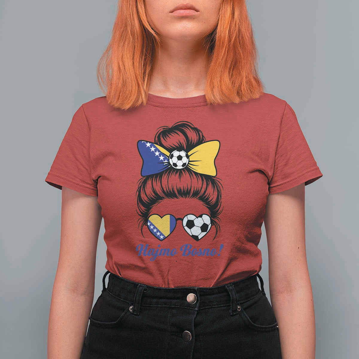 Bosnia Soccer Messy Bun T Shirt For Women Hajmo Bosno Game Day Gift