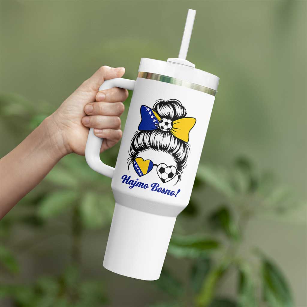 Bosnia Soccer Messy Bun Tumbler With Handle Hajmo Bosno Game Day Gift