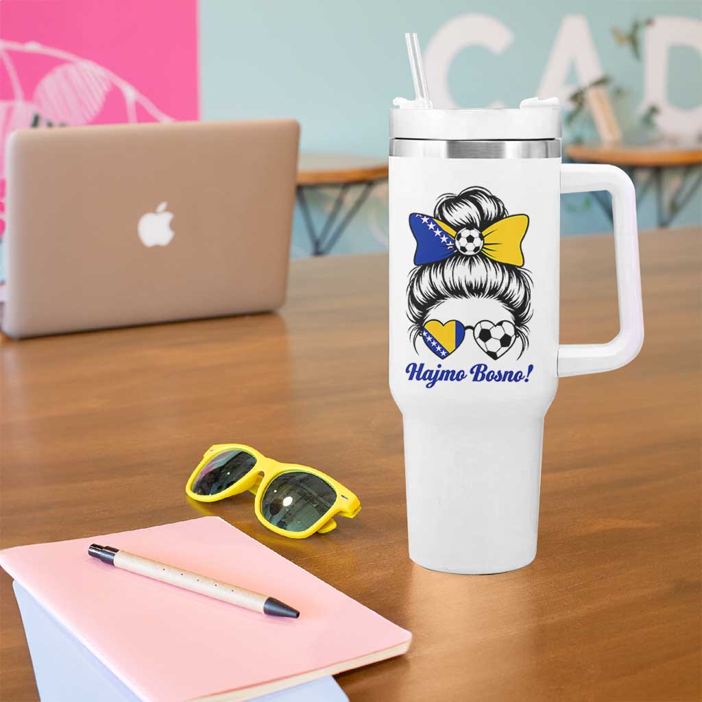 Bosnia Soccer Messy Bun Tumbler With Handle Hajmo Bosno Game Day Gift