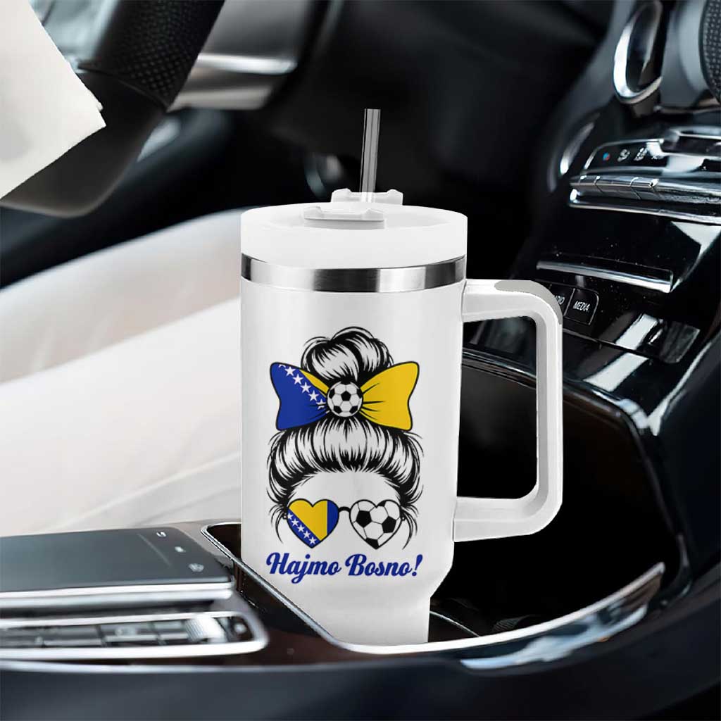 Bosnia Soccer Messy Bun Tumbler With Handle Hajmo Bosno Game Day Gift