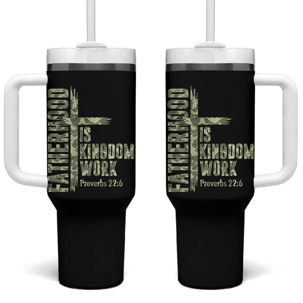 Fatherhood Is Kingdom Work Tumbler With Handle Camo Christian Fathers Day Gift