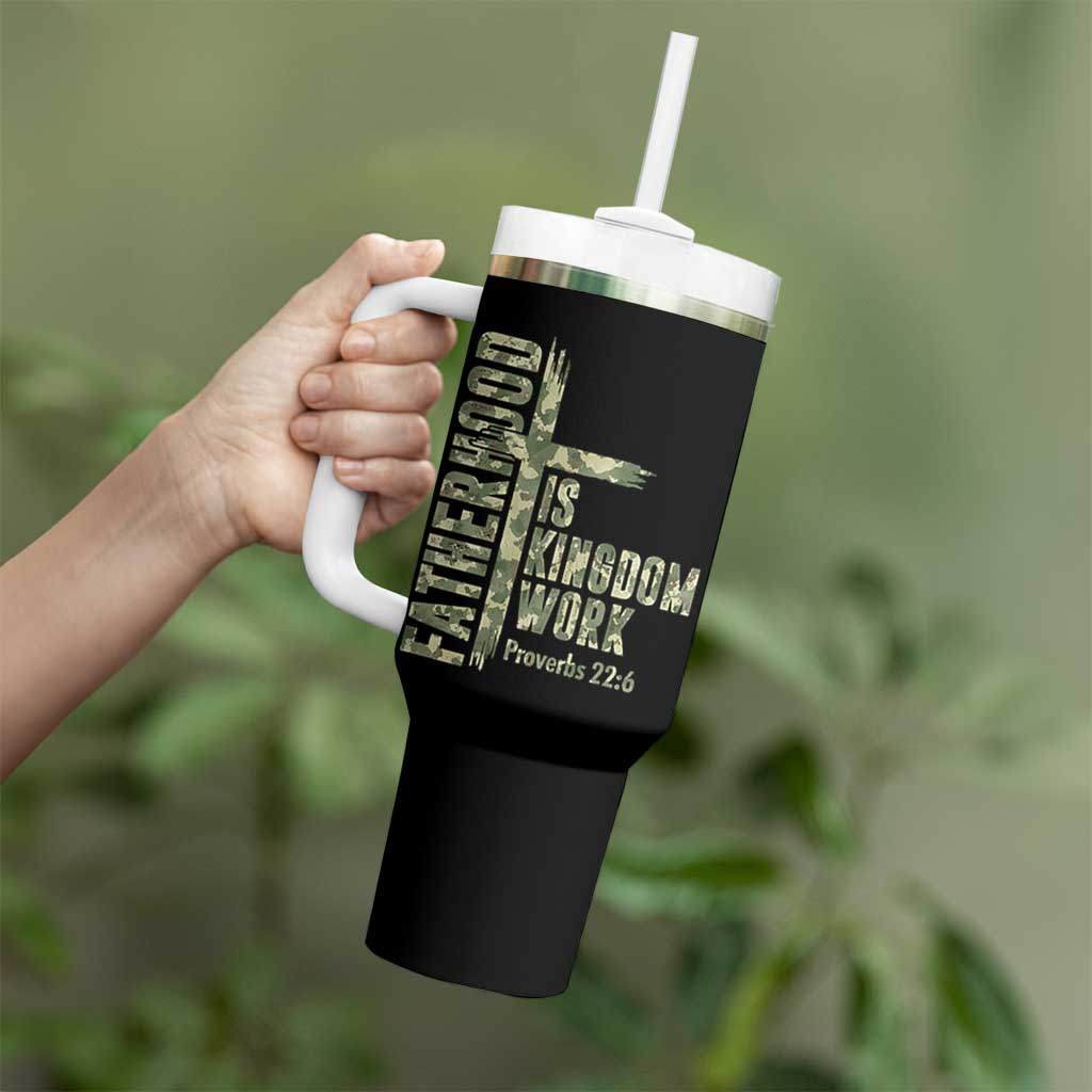 Fatherhood Is Kingdom Work Tumbler With Handle Camo Christian Fathers Day Gift