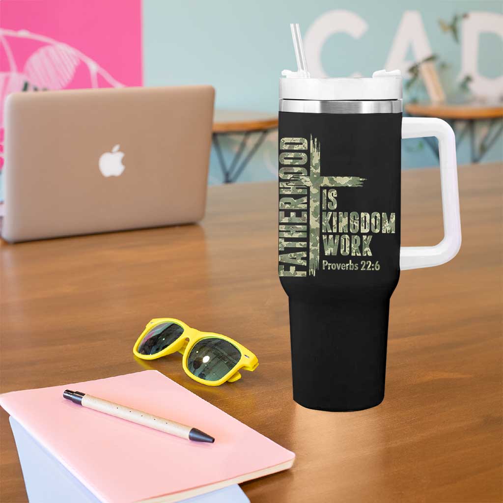 Fatherhood Is Kingdom Work Tumbler With Handle Camo Christian Fathers Day Gift