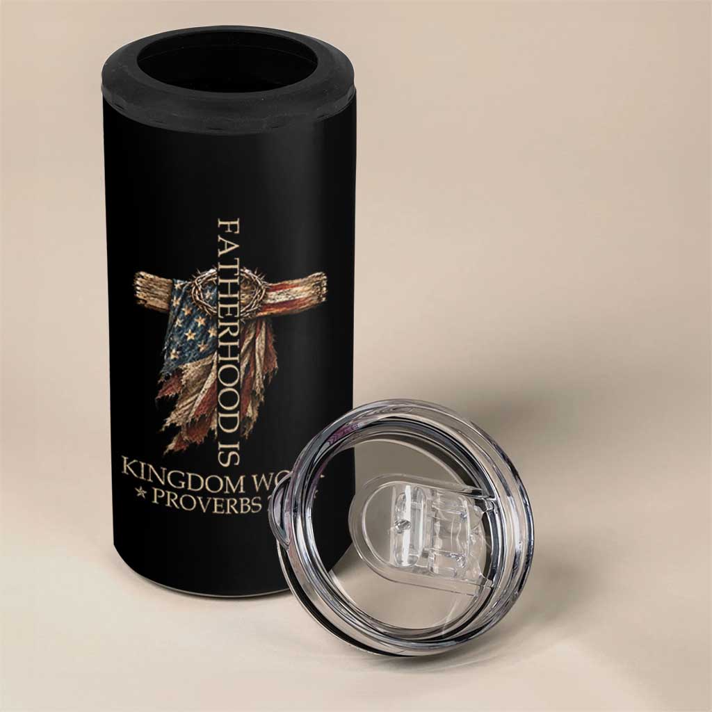 Fatherhood Is Kingdom Work 4 in 1 Can Cooler Tumbler Vintage American Flag Christian Dad Gift