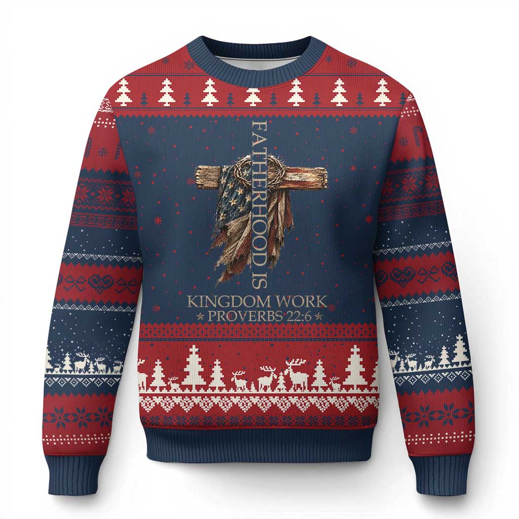 Fatherhood Is Kingdom Work Ugly Christmas Sweater Vintage American Flag Christian Dad Gift