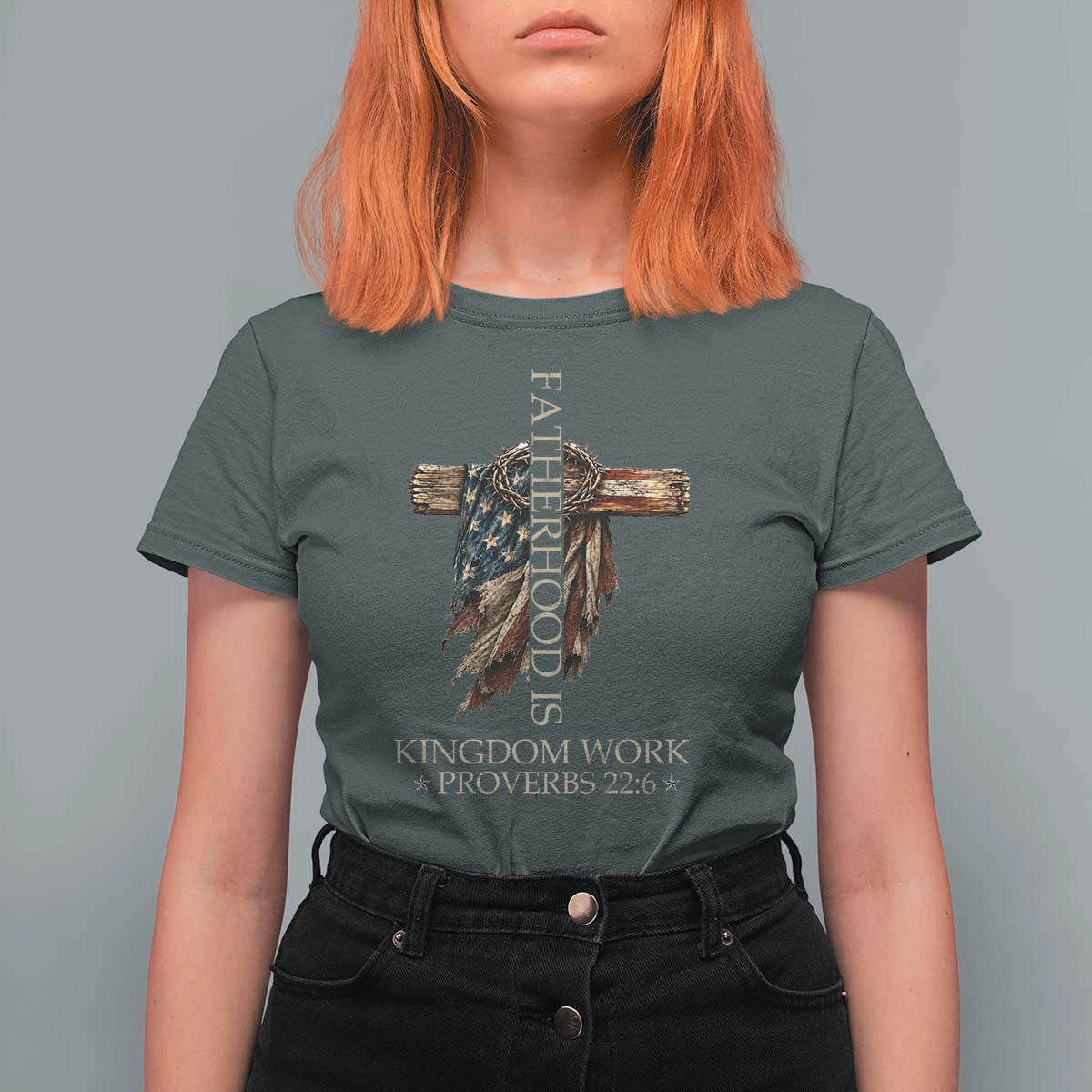 Fatherhood Is Kingdom Work T Shirt For Women Vintage American Flag Christian Dad Gift