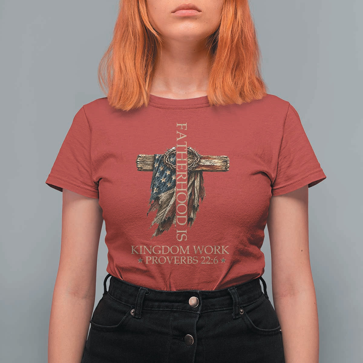 Fatherhood Is Kingdom Work T Shirt For Women Vintage American Flag Christian Dad Gift
