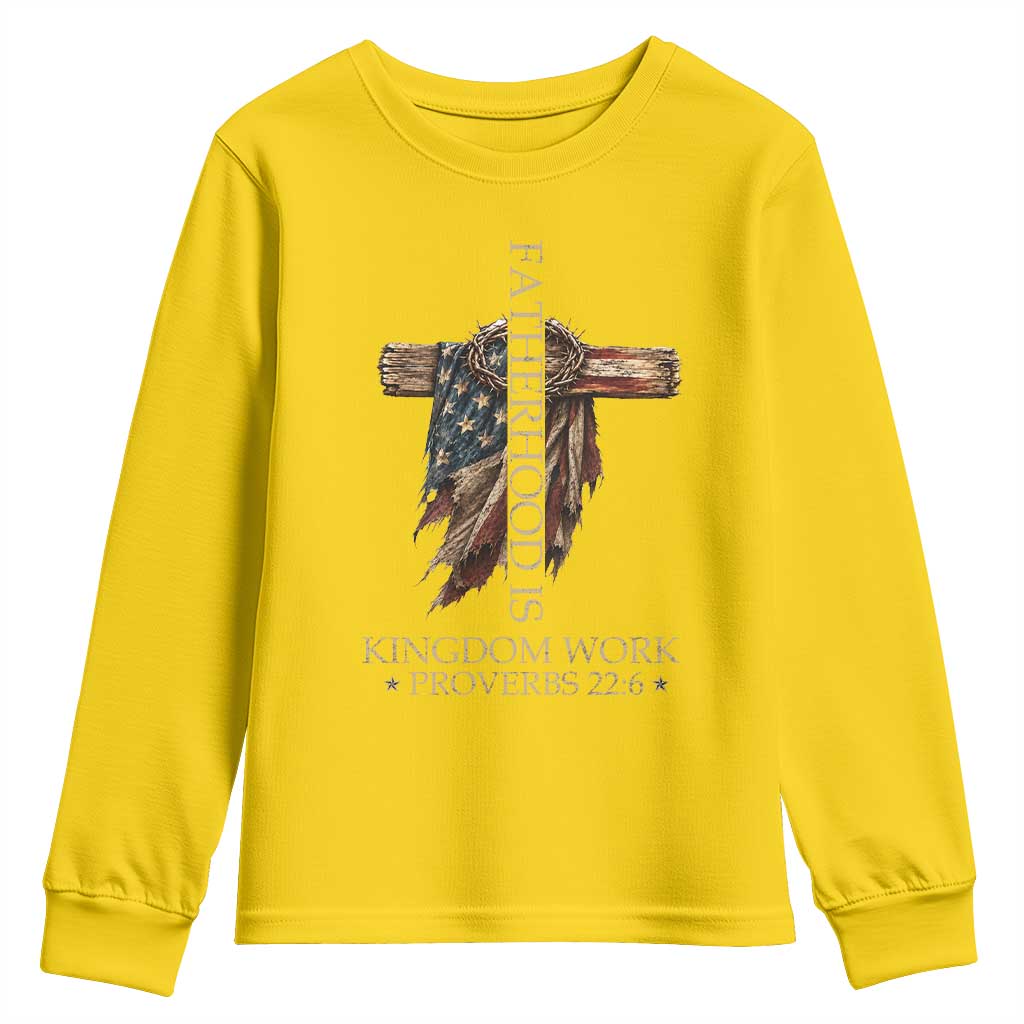 Fatherhood Is Kingdom Work Youth Sweatshirt Vintage American Flag Christian Dad Gift