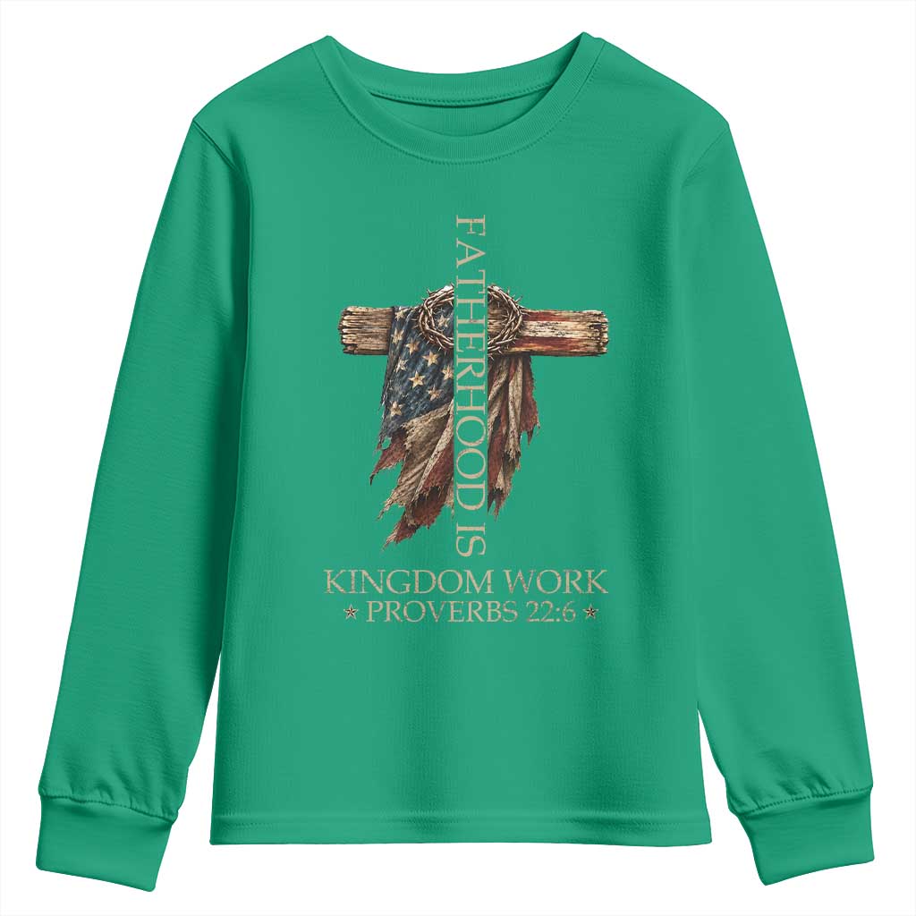 Fatherhood Is Kingdom Work Youth Sweatshirt Vintage American Flag Christian Dad Gift