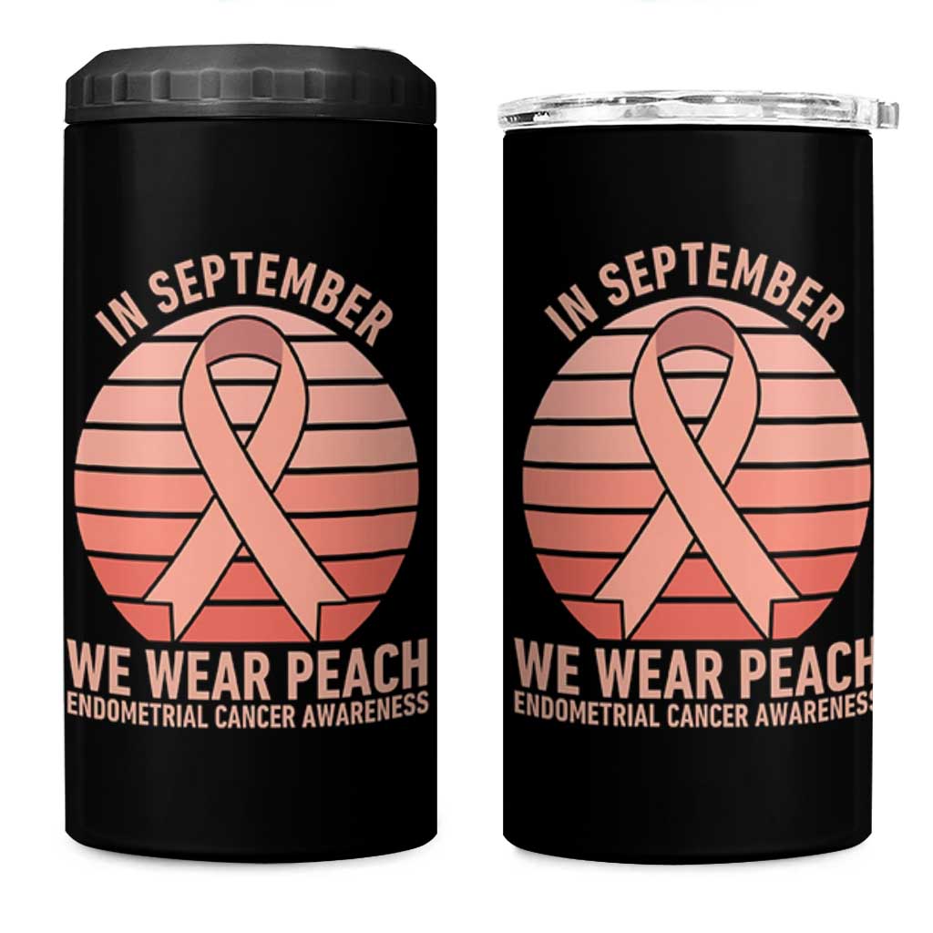 In September We Wear Peach 4 in 1 Can Cooler Tumbler Endometrial Cancer Awareness Support