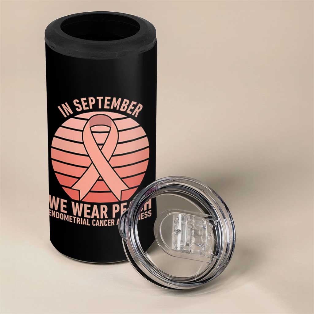 In September We Wear Peach 4 in 1 Can Cooler Tumbler Endometrial Cancer Awareness Support