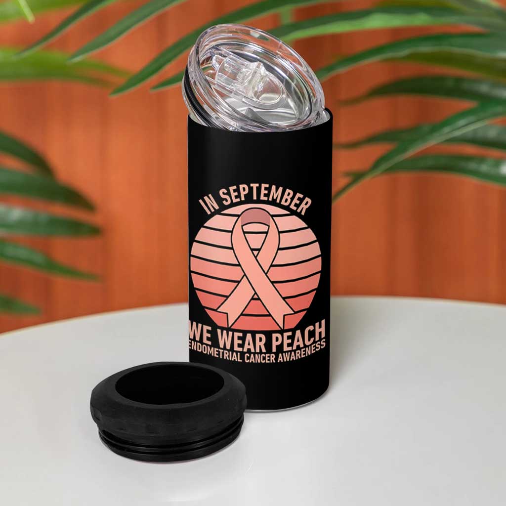 In September We Wear Peach 4 in 1 Can Cooler Tumbler Endometrial Cancer Awareness Support