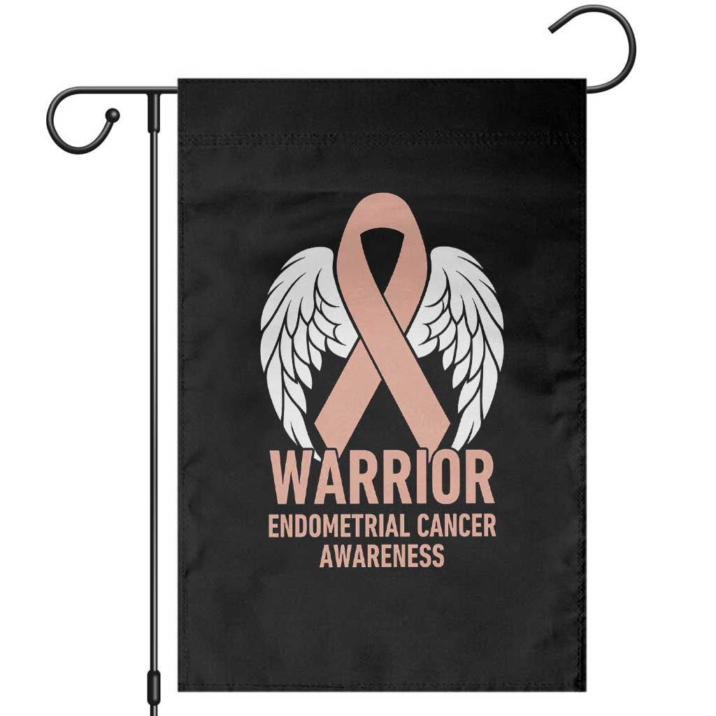 Endometrial Cancer Warrior Garden Flag Peach Ribbon Angel Wings Support