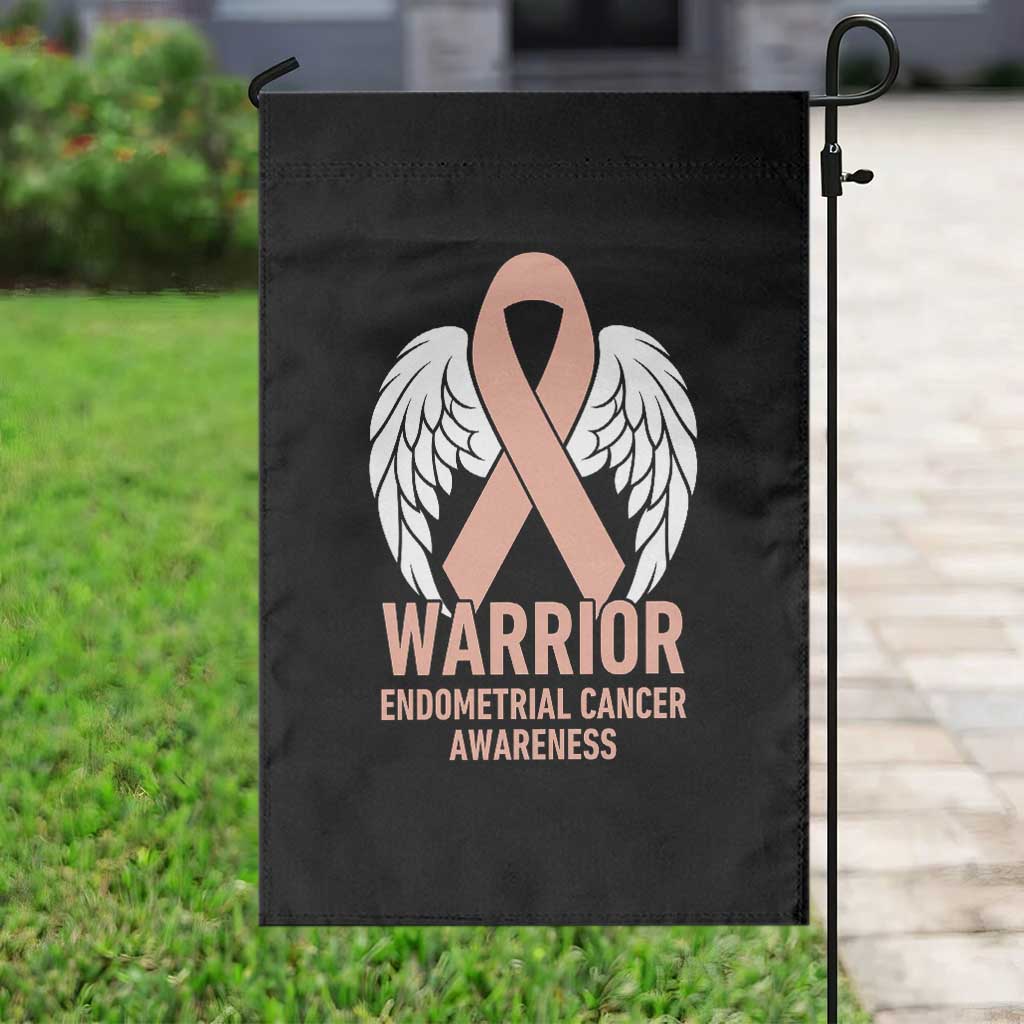 Endometrial Cancer Warrior Garden Flag Peach Ribbon Angel Wings Support