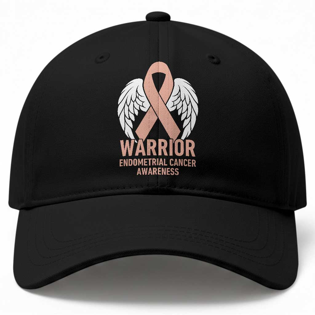 Endometrial Cancer Warrior Baseball Cap Peach Ribbon Angel Wings Support