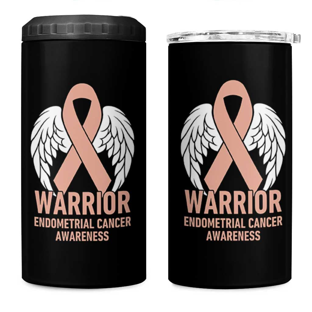 Endometrial Cancer Warrior 4 in 1 Can Cooler Tumbler Peach Ribbon Angel Wings Support
