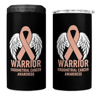 Endometrial Cancer Warrior 4 in 1 Can Cooler Tumbler Peach Ribbon Angel Wings Support