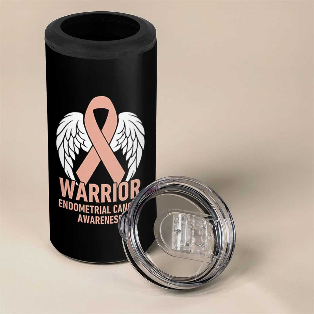 Endometrial Cancer Warrior 4 in 1 Can Cooler Tumbler Peach Ribbon Angel Wings Support