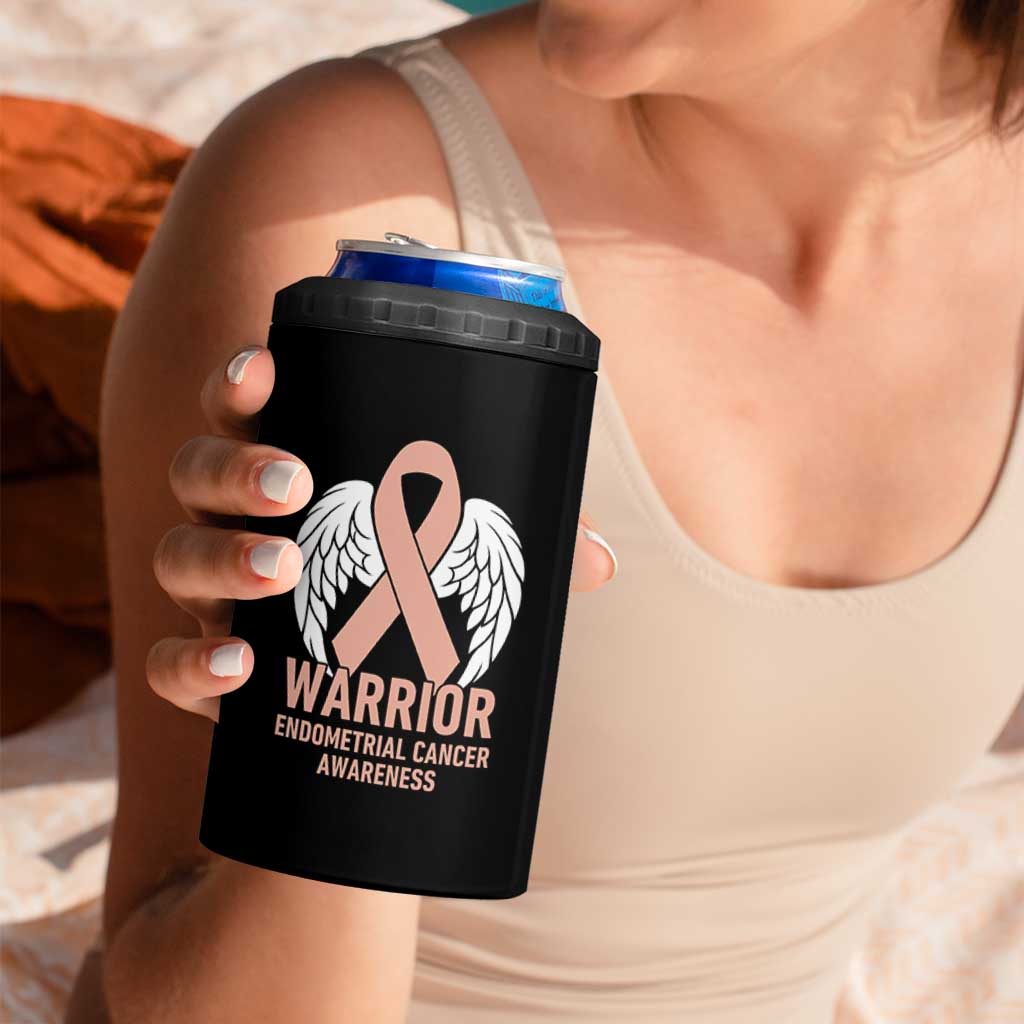 Endometrial Cancer Warrior 4 in 1 Can Cooler Tumbler Peach Ribbon Angel Wings Support