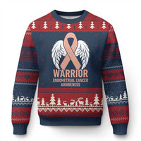 Endometrial Cancer Warrior Ugly Christmas Sweater Peach Ribbon Angel Wings Support