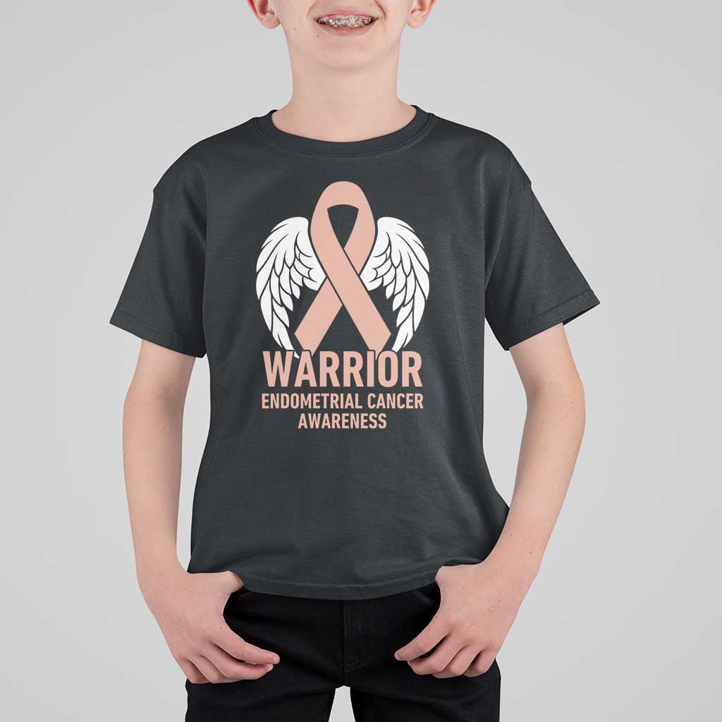 Endometrial Cancer Warrior T Shirt For Kid Peach Ribbon Angel Wings Support