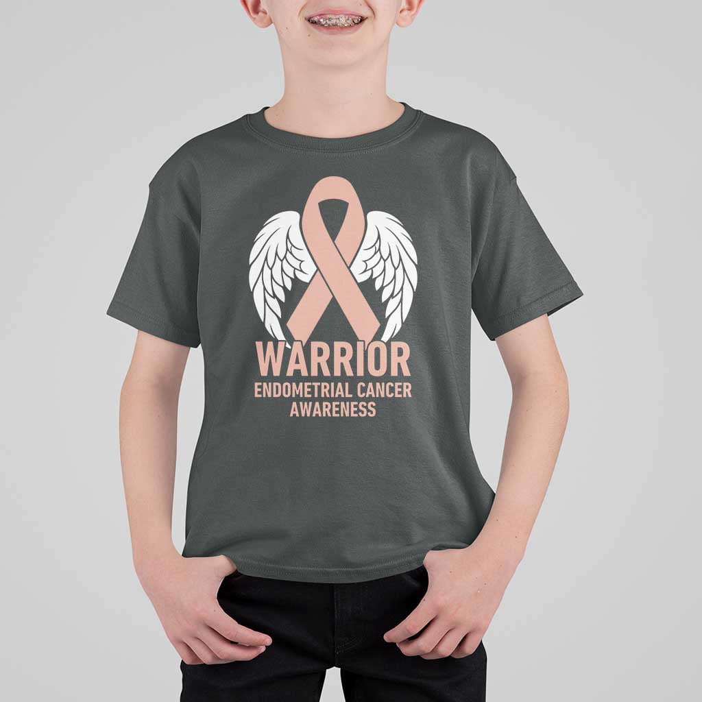 Endometrial Cancer Warrior T Shirt For Kid Peach Ribbon Angel Wings Support