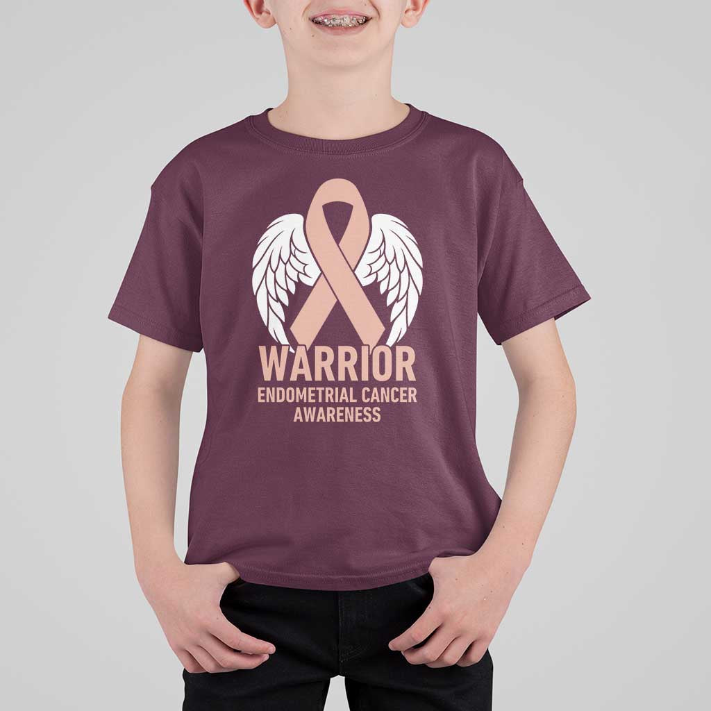 Endometrial Cancer Warrior T Shirt For Kid Peach Ribbon Angel Wings Support