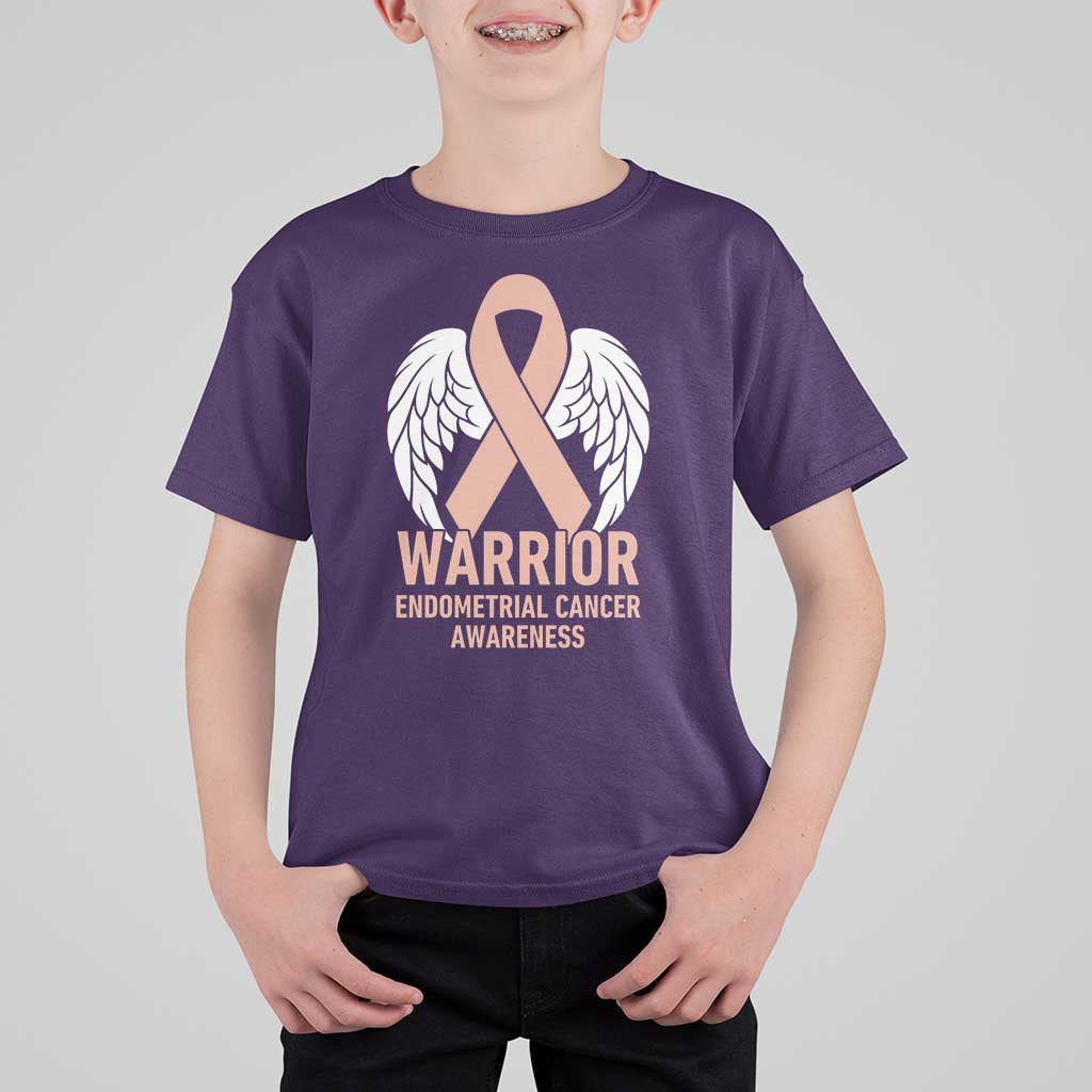 Endometrial Cancer Warrior T Shirt For Kid Peach Ribbon Angel Wings Support