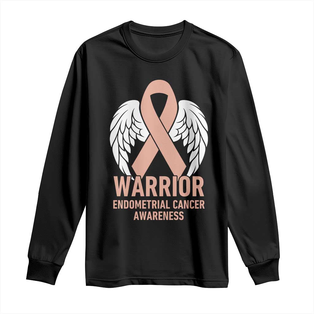 Endometrial Cancer Warrior Long Sleeve Shirt Peach Ribbon Angel Wings Support