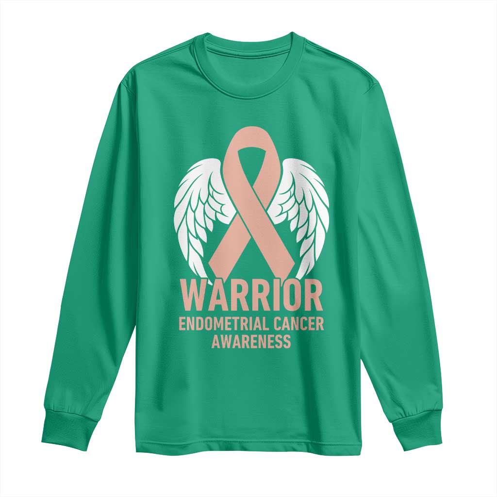 Endometrial Cancer Warrior Long Sleeve Shirt Peach Ribbon Angel Wings Support