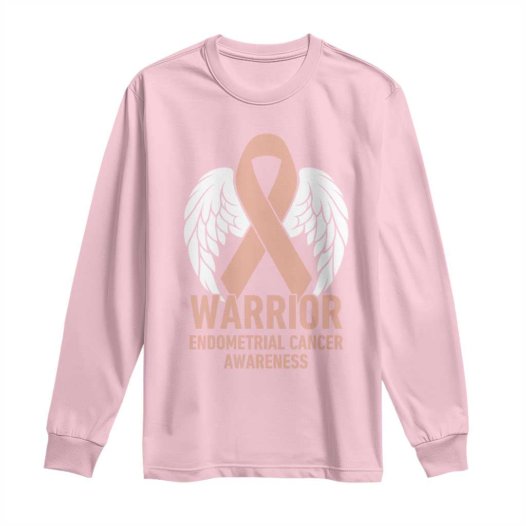 Endometrial Cancer Warrior Long Sleeve Shirt Peach Ribbon Angel Wings Support
