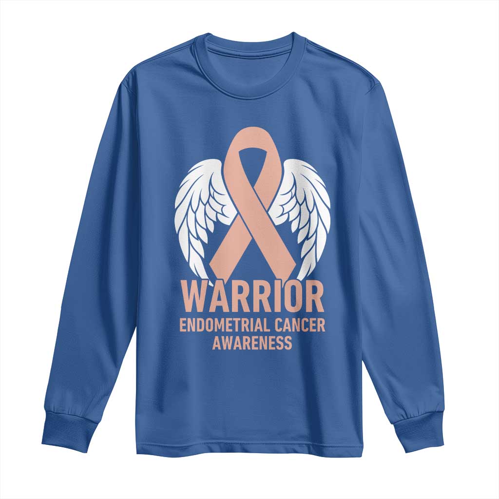 Endometrial Cancer Warrior Long Sleeve Shirt Peach Ribbon Angel Wings Support