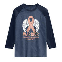 Endometrial Cancer Warrior Raglan Shirt Peach Ribbon Angel Wings Support