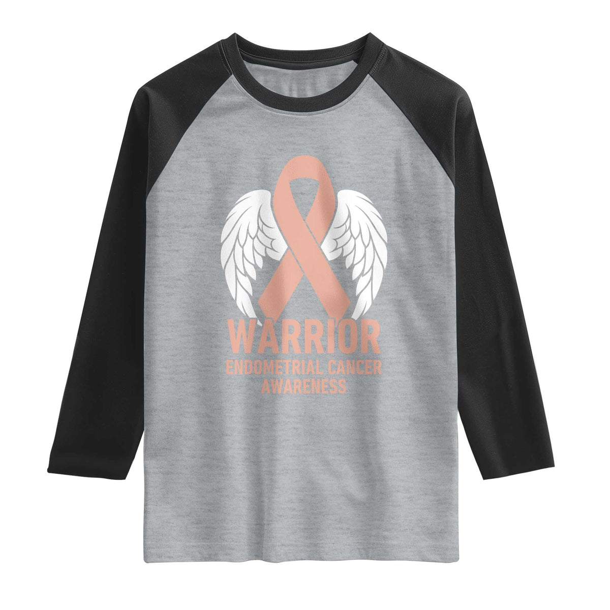 Endometrial Cancer Warrior Raglan Shirt Peach Ribbon Angel Wings Support