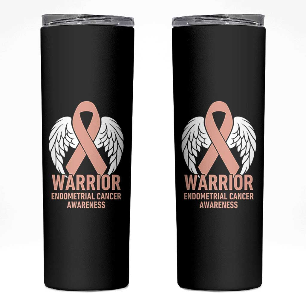 Endometrial Cancer Warrior Skinny Tumbler Peach Ribbon Angel Wings Support