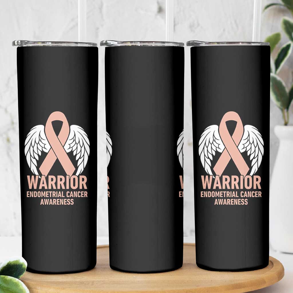 Endometrial Cancer Warrior Skinny Tumbler Peach Ribbon Angel Wings Support