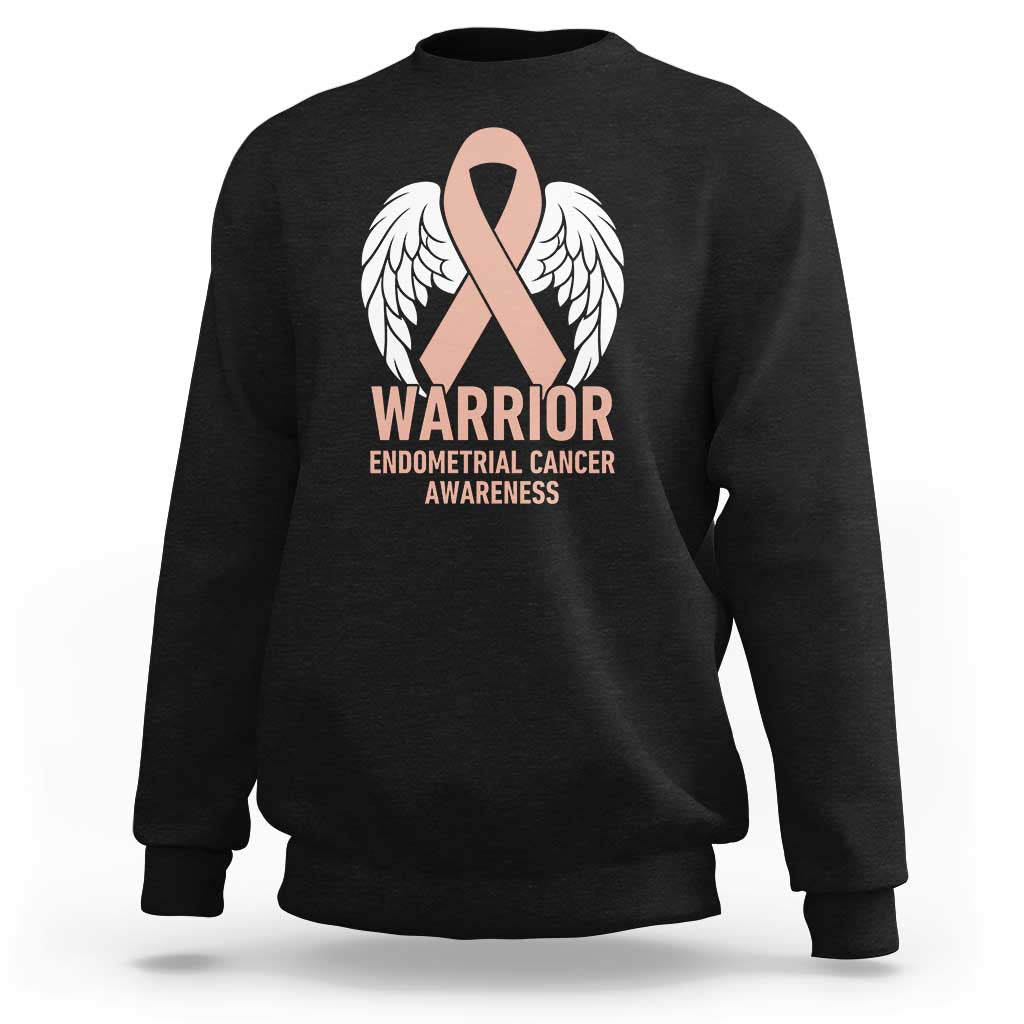 Endometrial Cancer Warrior Sweatshirt Peach Ribbon Angel Wings Support