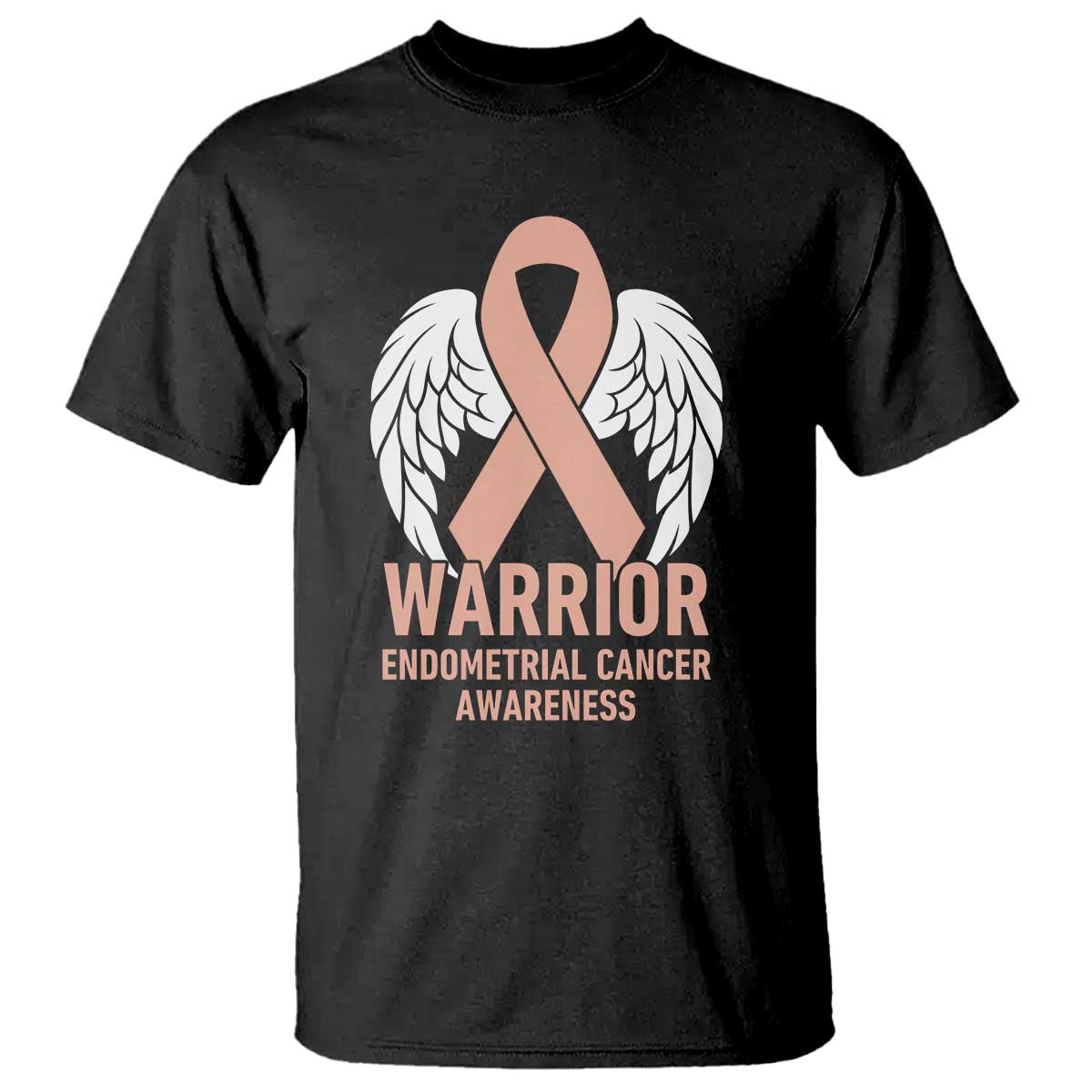 Endometrial Cancer Warrior T Shirt Peach Ribbon Angel Wings Support