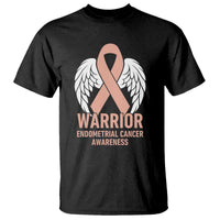 Endometrial Cancer Warrior T Shirt Peach Ribbon Angel Wings Support