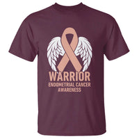 Endometrial Cancer Warrior T Shirt Peach Ribbon Angel Wings Support