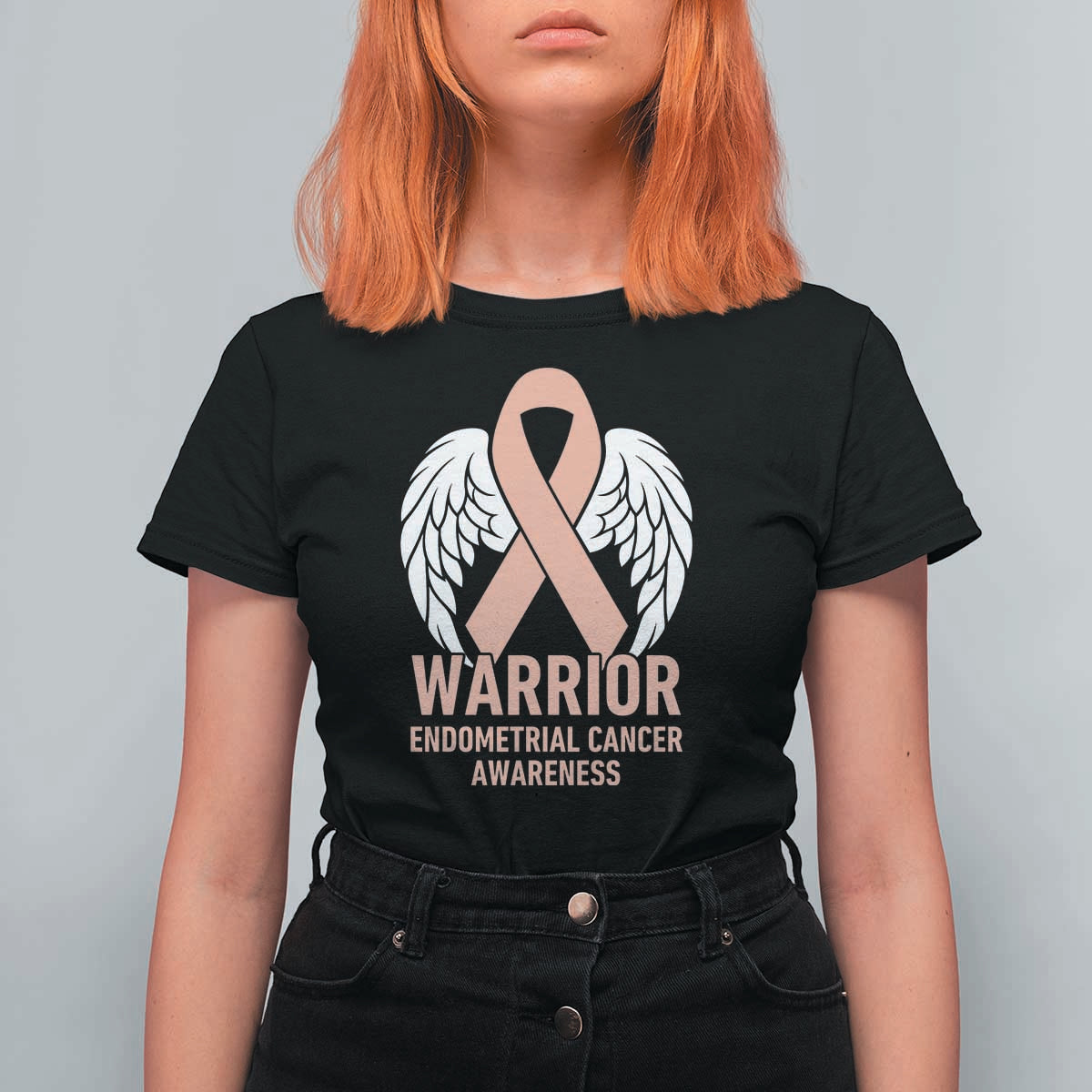 Endometrial Cancer Warrior T Shirt For Women Peach Ribbon Angel Wings Support
